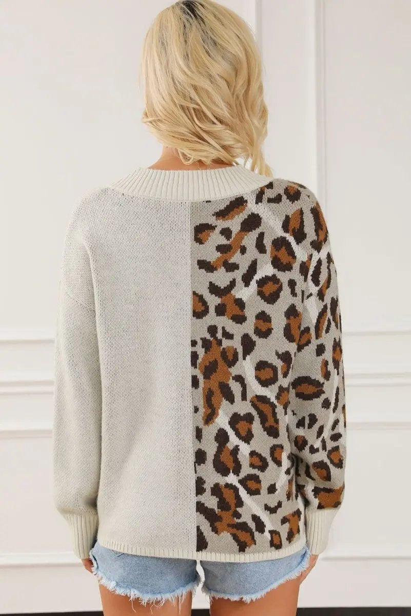 Leopard V Neck Drop Shoulder Sweater - Love Salve
